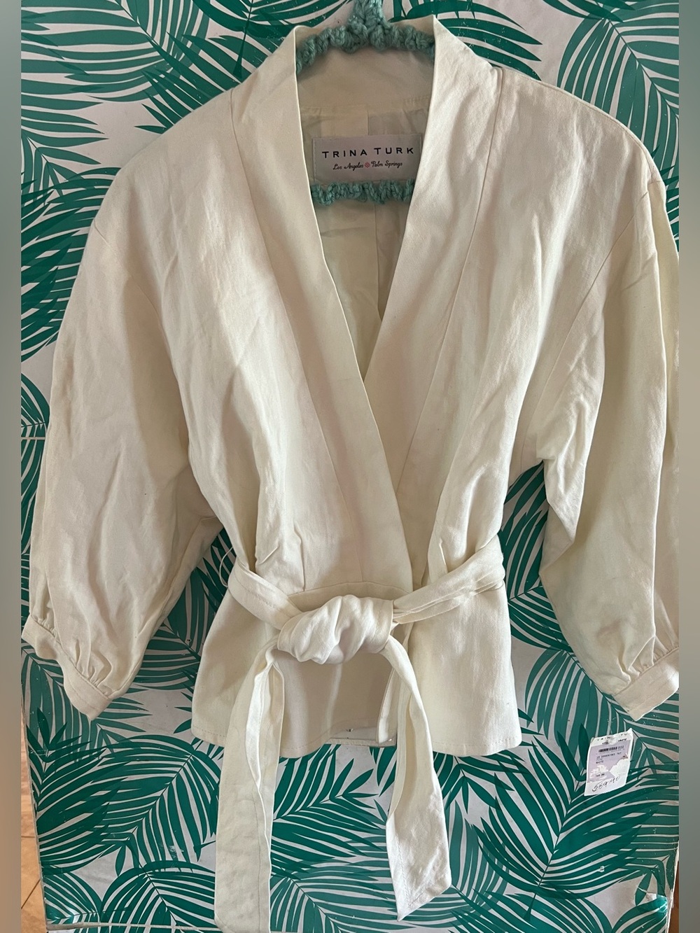 Trina Turk Cream linen & cotton blend Jacket with gold buttons & belt
